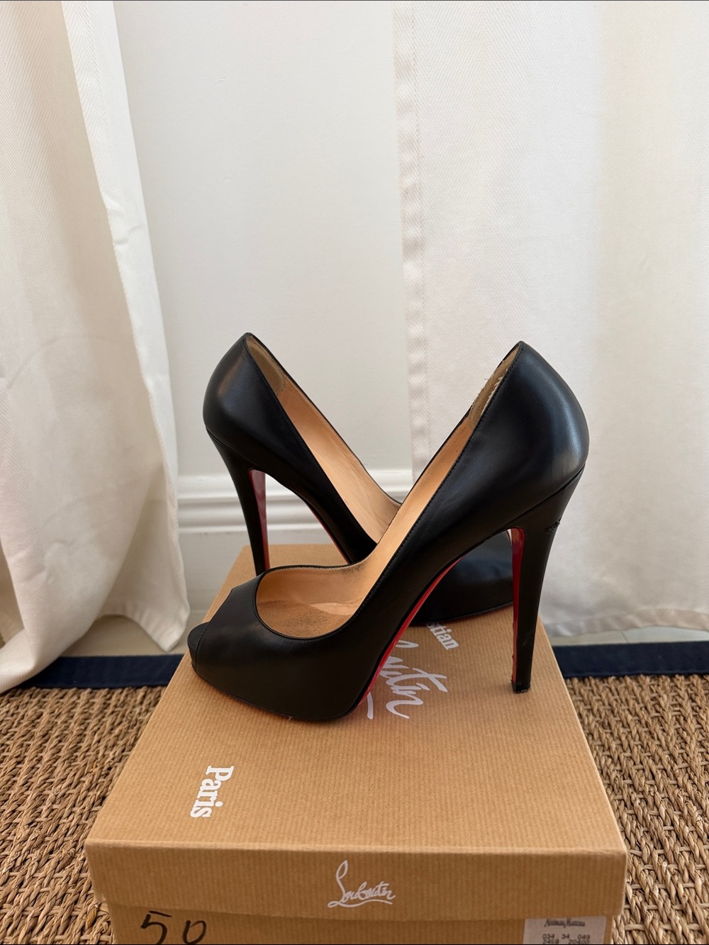 Christian Louboutin Black Leather Peep-Toe Pumps with Red Soles